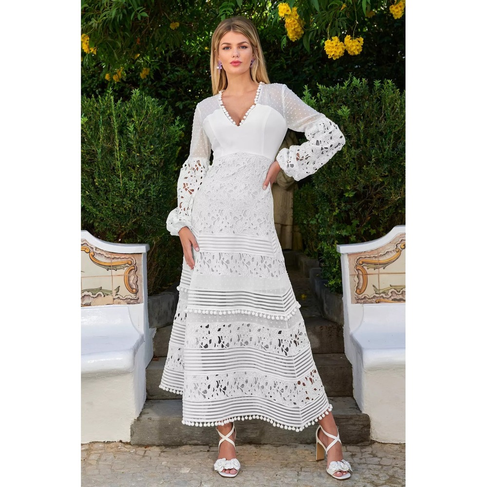 NWT Boston Proper White Lace Pom Pom Swiss Dot Maxi Dress Large Bridal Cottage